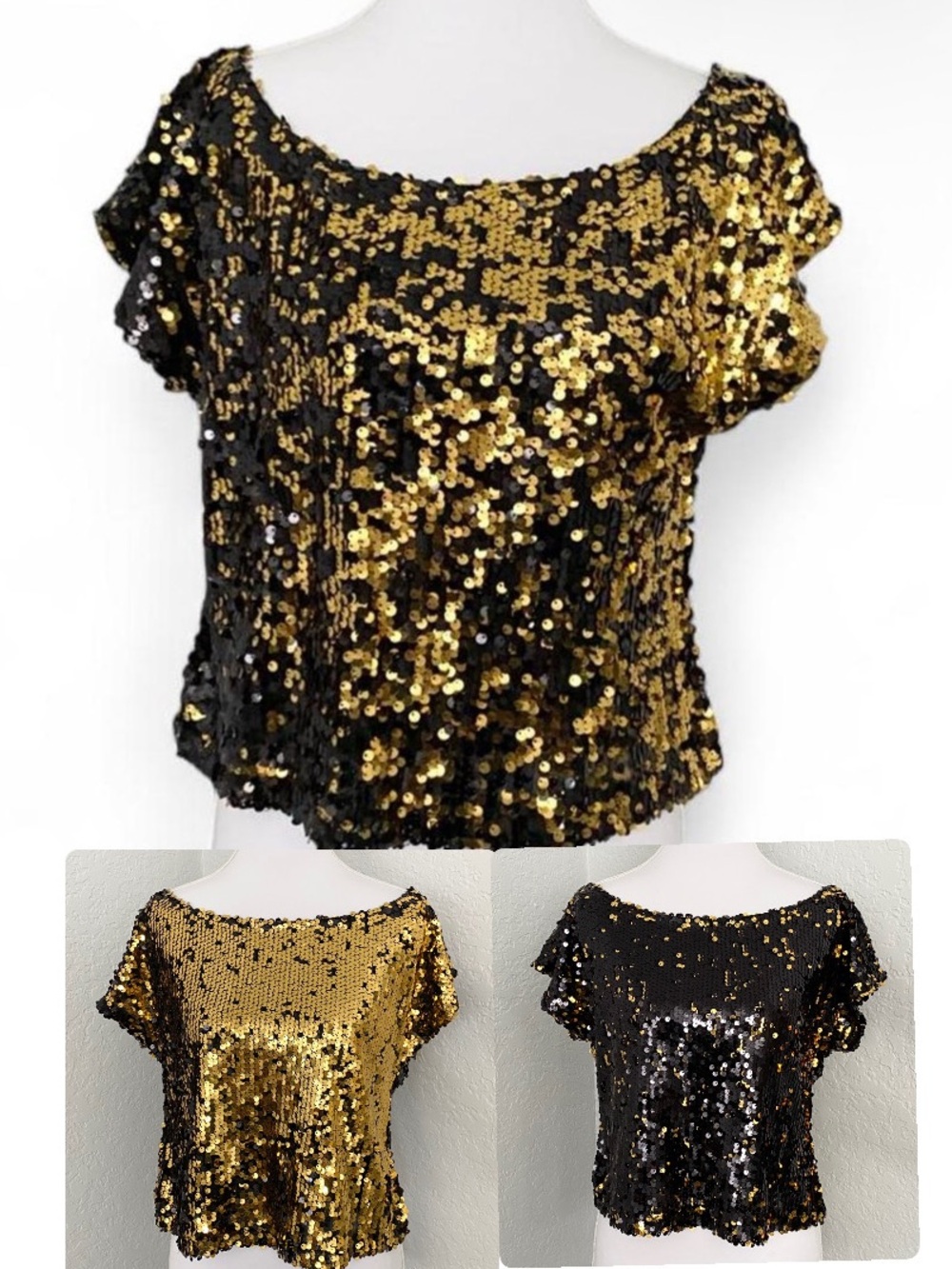 Vintage Sequin Black and Gold Two Tone Scoop Neck Top